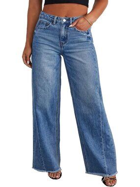 Dark Blue Plus Size Wide Leg Jeans for Women, High Waist, Elastic, Pockets